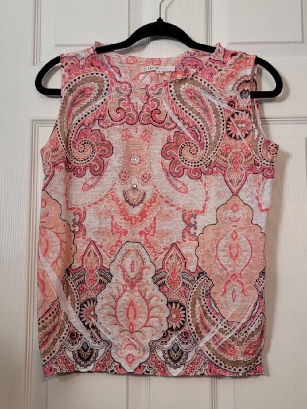 Paisley Print sleeveless Top/Blouse-Small/Med-subtle colours-Jewel Detail-Cleo
